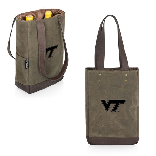PICNIC TIME 2 Bottle Insulated, Distressed Waxed Canvas Tote, Wine Gift Bag, Khaki Green with Beige Accents