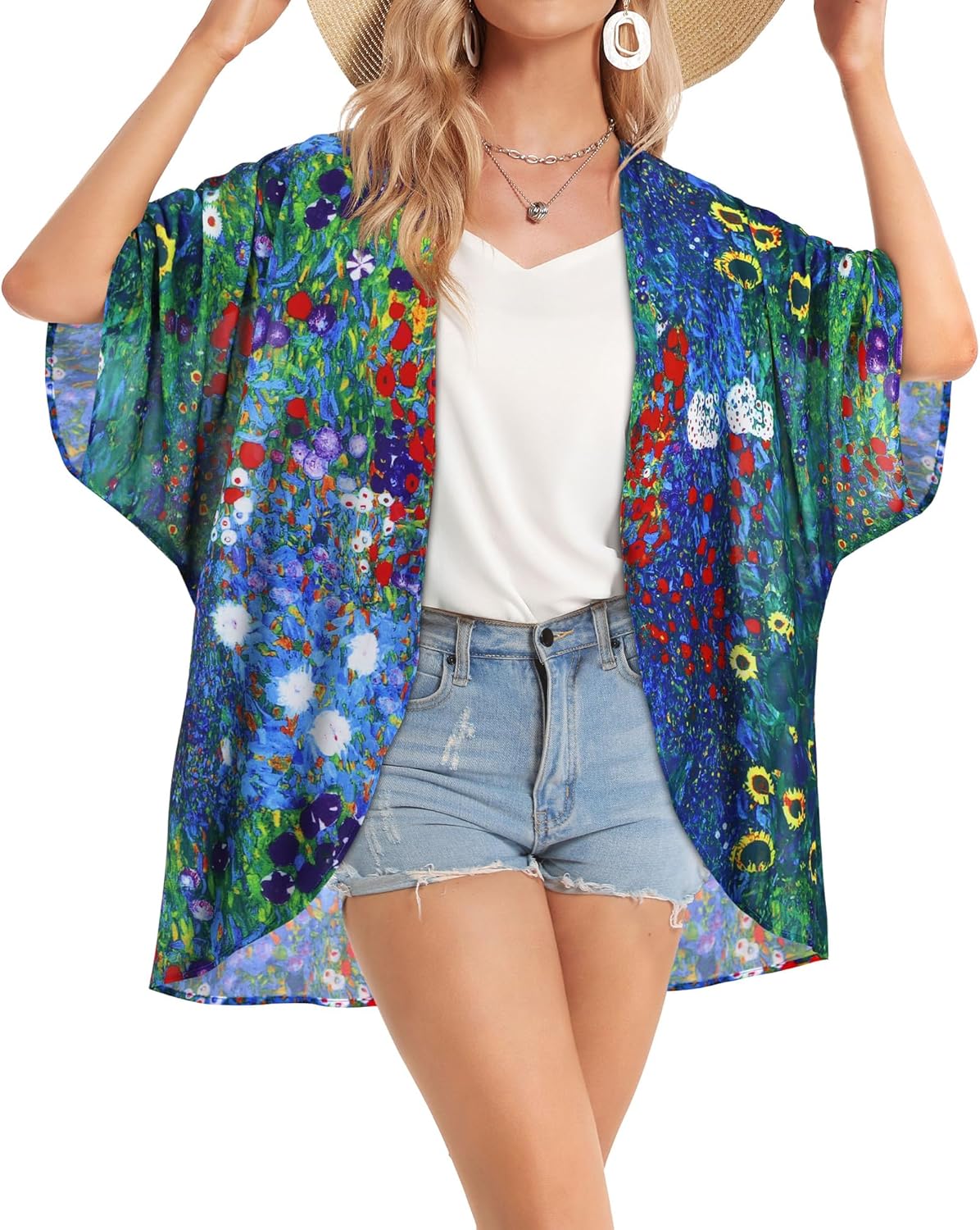 Floral Print Puff Sleeve Kimono Cardigan - Casual Women's Blouse Top | Loose Fit