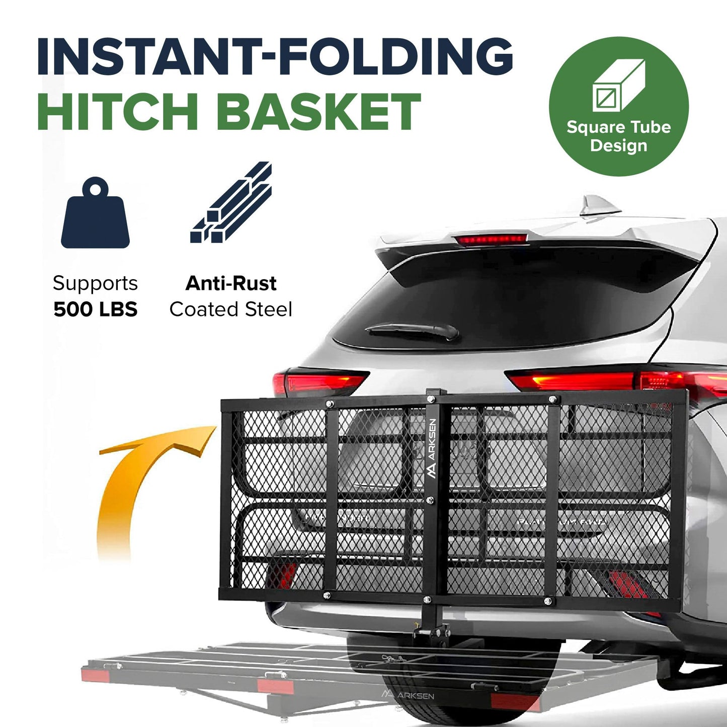 ARKSEN 60" x 25" x 14" Folding Cargo Rack Carrier with Bag, Net, Stabilizer & Straps 500 Lbs Heavy Duty Capacity 2 Inch Receiver Luggage Basket Hitch Fold Up for SUV Pickup Camping Traveling