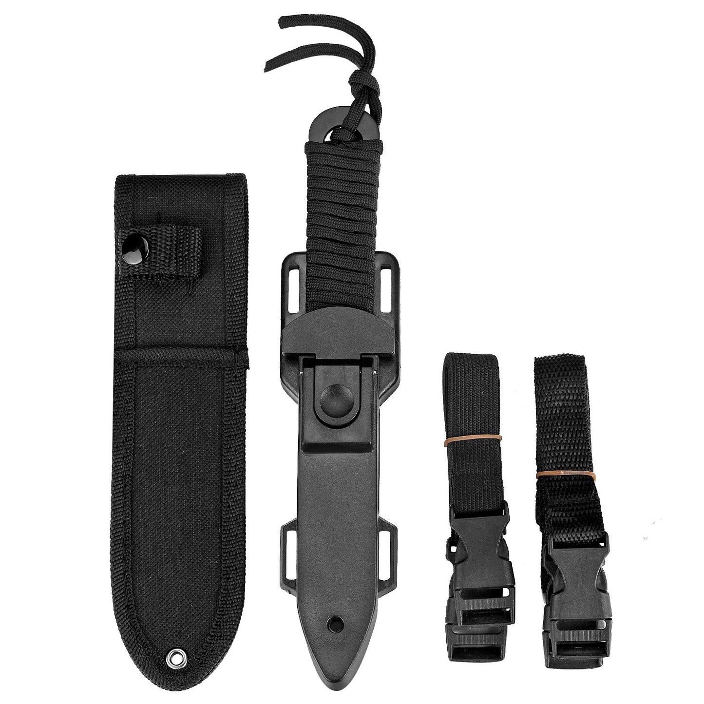 BOffer Dive Knife, Scuba Diving Knife with Sheath and Leg Strap, Black Tip Dive knife Double Edge with Nylon, ABS Sheaths and 2 Pairs Strap for Leg and Arm, Divers Sharp knives