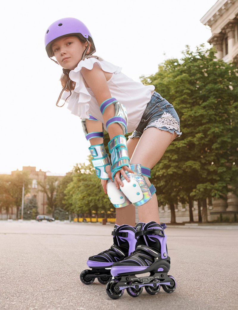 2PM SPORTS Knee Pads for Women, Wrist Guards Knee and Elbow Pads Set with Drawstring Bag, Protective Gear Set for Girls Kids Roller Skating Skateboard - Blue & Purple Medium