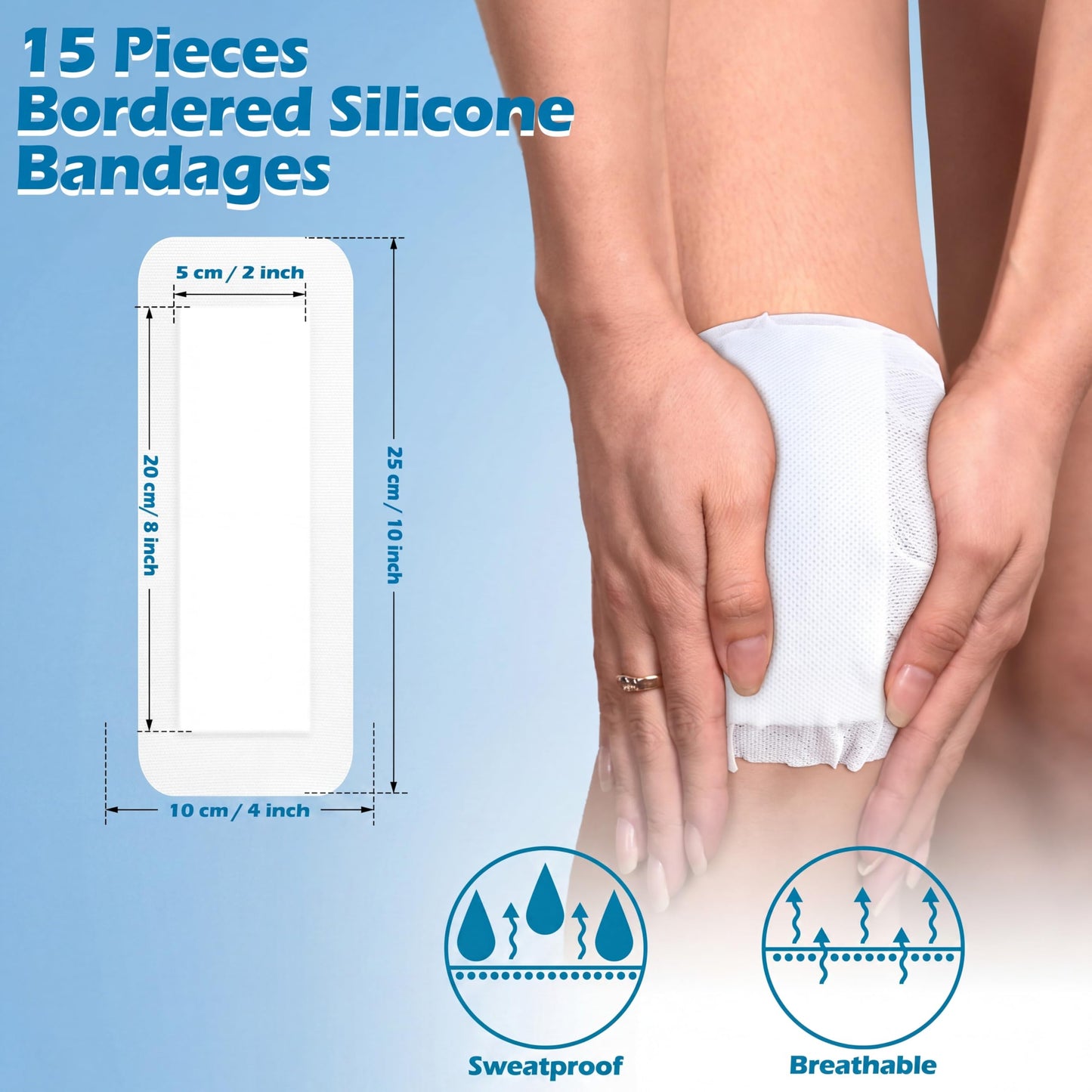15 Pcs Bordered Gauze Pad Aseptic Island Dressing 4 x 10 Inch Wound Bandage with Adhesive Border Non-Stick Pad in Center Breathable Patches Post Shower Individually Packed for Wound Care First Aid