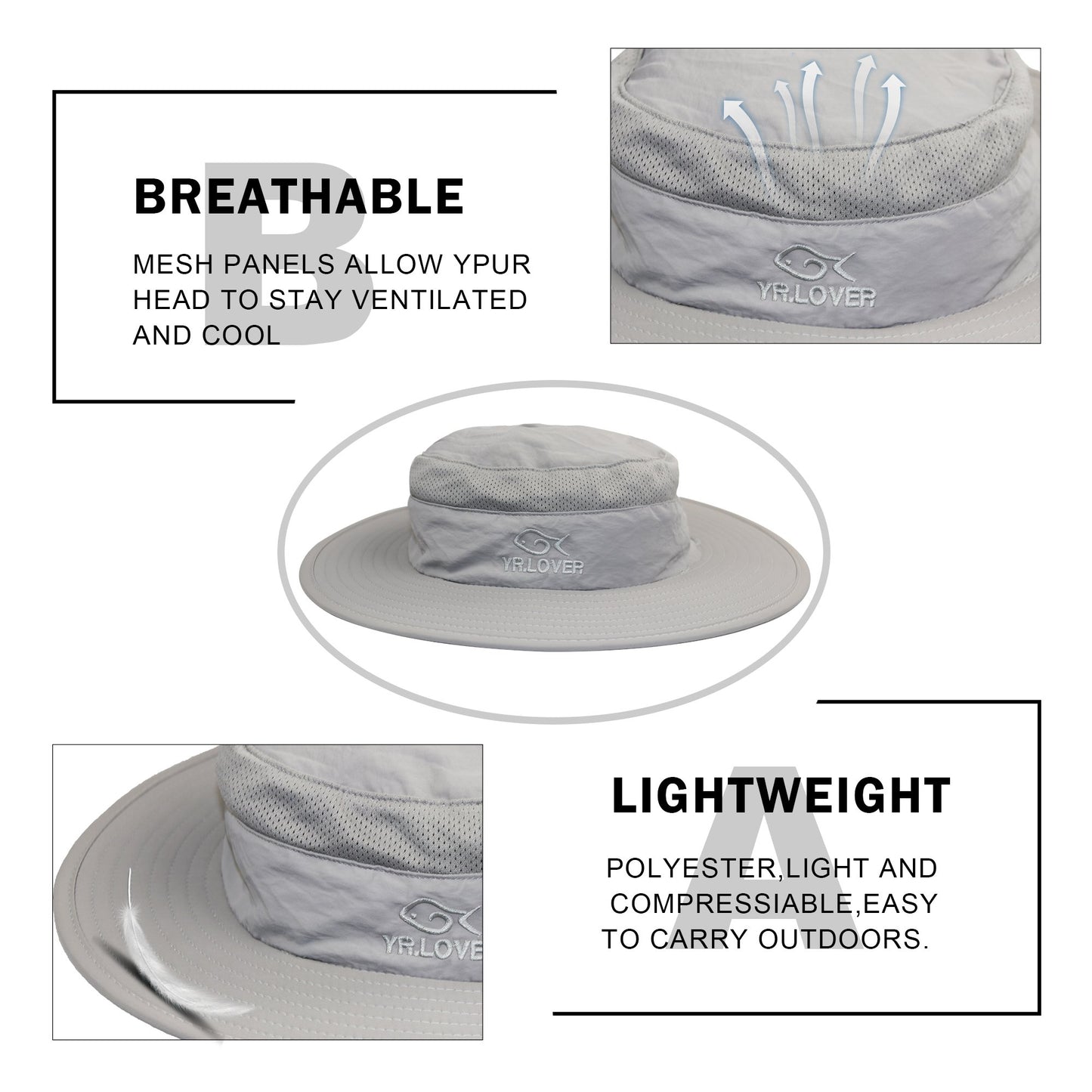 YR.Lover Outdoor UV Sun Protection Wide Brim Fishing Cap with Removable Flap Light Gray