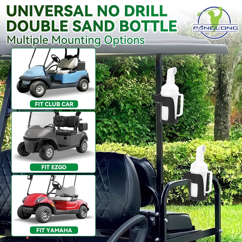 Panglong Universal Golf Cart Sand Bottle with Handle 2PC, Dual Installation Options No-Drilling/Drill Divot Filler Sand Bottle-35oz ABS, Suitable for Yamaha, Club Car, EZGO Models