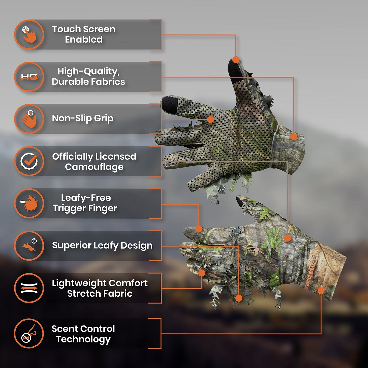 QuikCamo Men’s Realtree Xtra Green 3D Leafy Hunting Gloves with Touch Screen Tips - Lightweight Stretch Fit with Non-Slip Grip