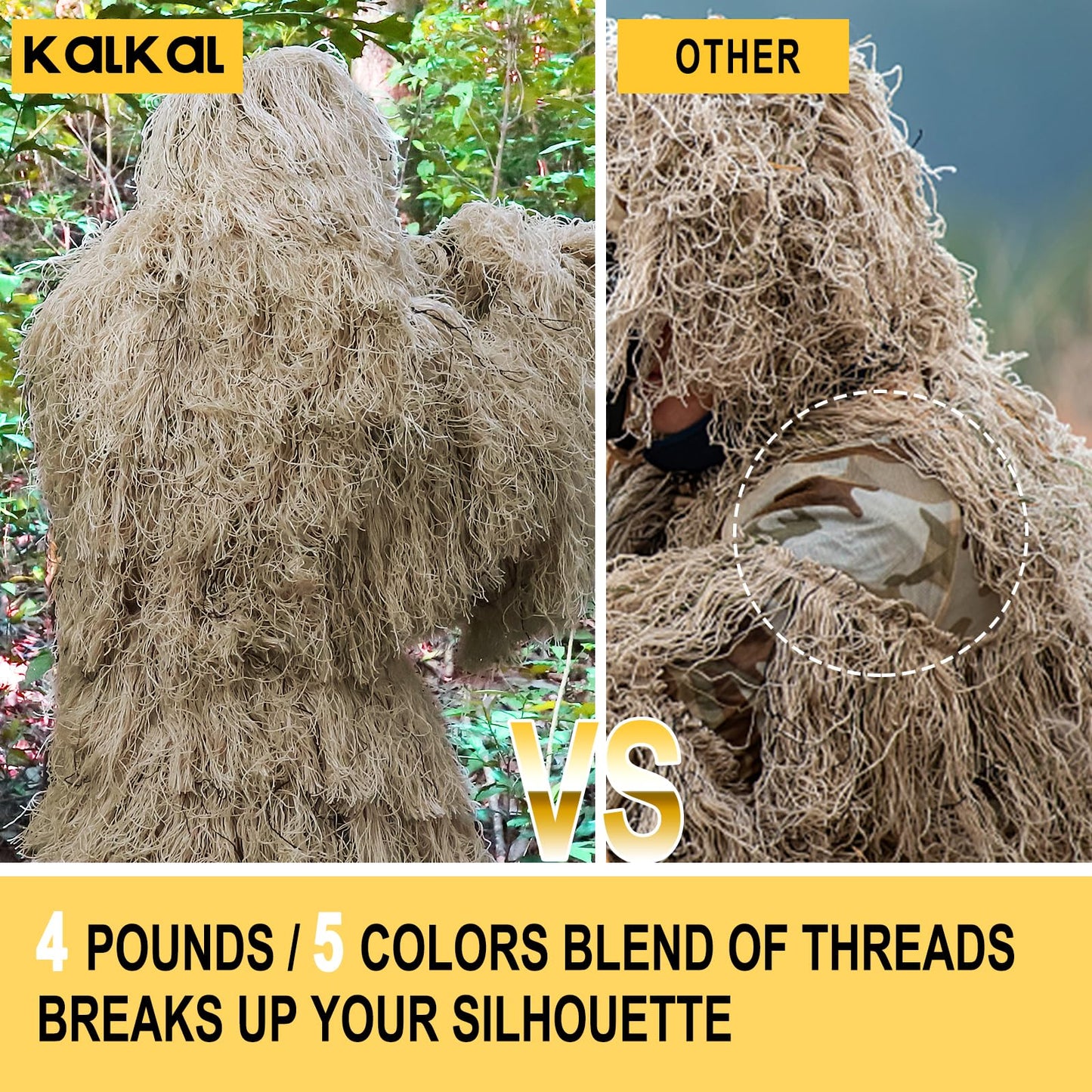 Kalkal Ghillie Suit for Men, 5 in 1 3D Camouflage Hunting Apparel for Men, Double-Stitched Design | Dry Grass, Adults Youth Gilly Suit for Jungle Hunting Wildlife Photography Halloween