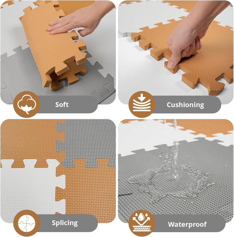 Baby Play Mat - 36Pcs Interlocking Foam Floor Tiles for Kids | Soft Crawling Rug for Playroom (Brown-Gray-White) 11.8x11.8x0.6 In