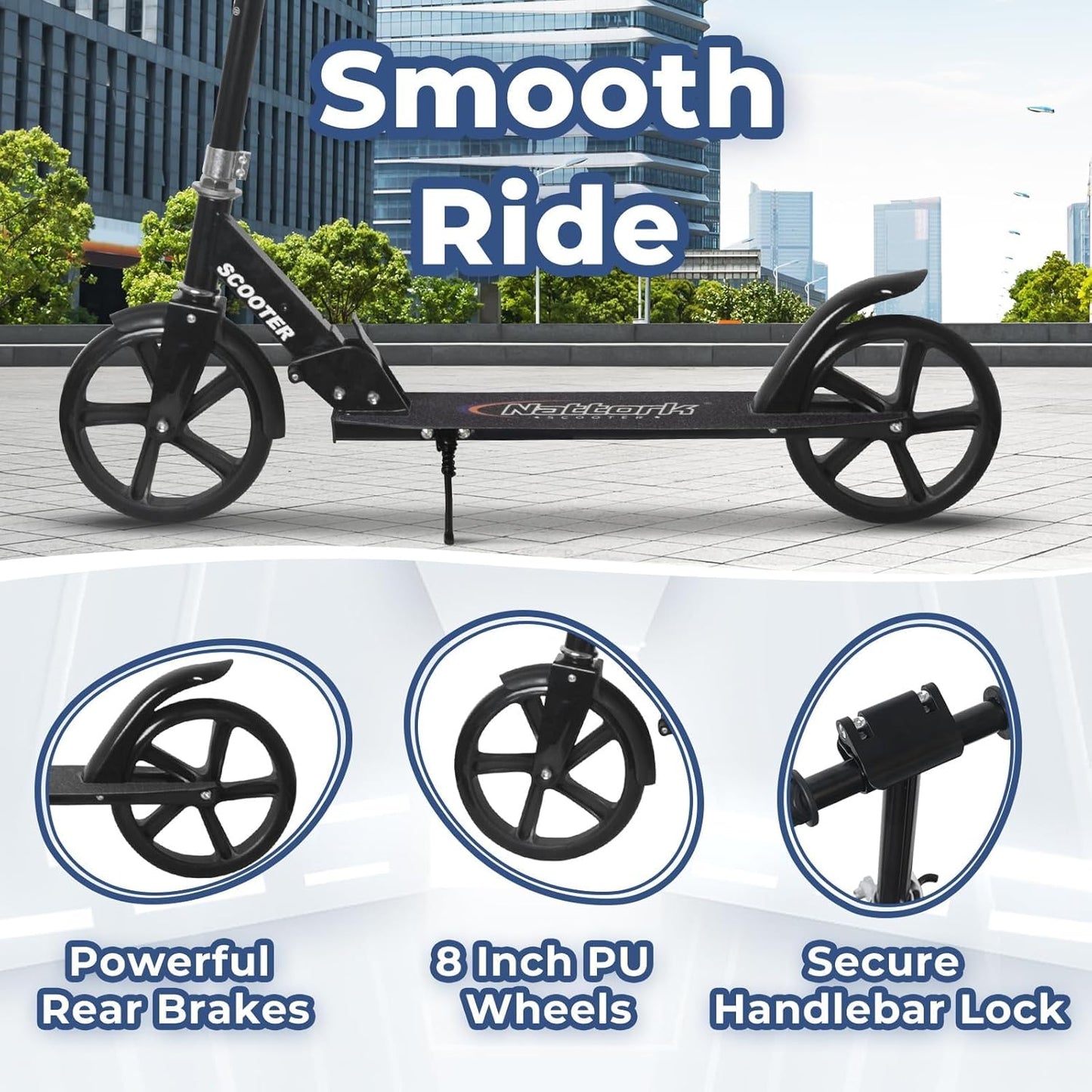 Nattork Scooter for Kids & Adults | Foldable, Lightweight Kick Scooter - Max Load 220LB, 8-Inch Wheels