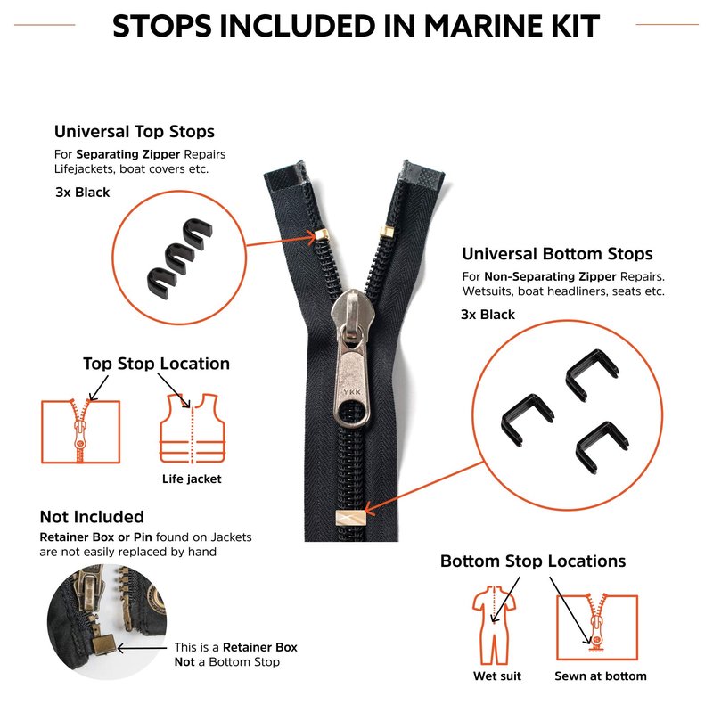 Zipper Rescue Marine Zipper Repair Kit - The Original Zipper Pull Replacement kit for Wetsuits, Boating, Surf Gear - Included 5 Sliders, 3 Bottom Stops, 3 Top Stops - Made in America Since 1993