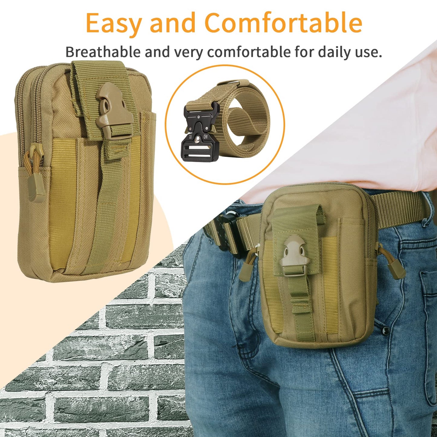 abcGoodefg 2 Pack Work Belt, Military Style Tactical Belts for Men, Quick-Release Metal Buckle with Molle Key Ring Holder & EDC Pouch