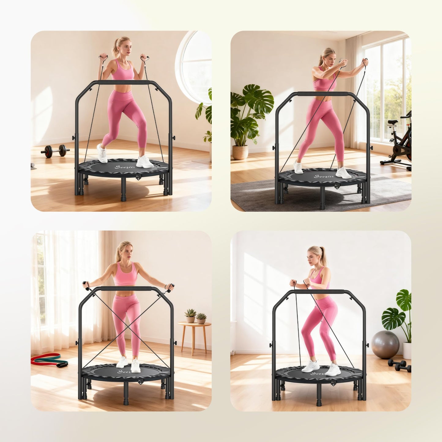 Soozier 40" Foldable Mini Trampoline, Rebounder Trampoline for Adults with Adjustable Foam Handle and Resistance Bands, Fitness Rebounder for Indoor Outdoor Workout, Max Load 330 lbs, Black