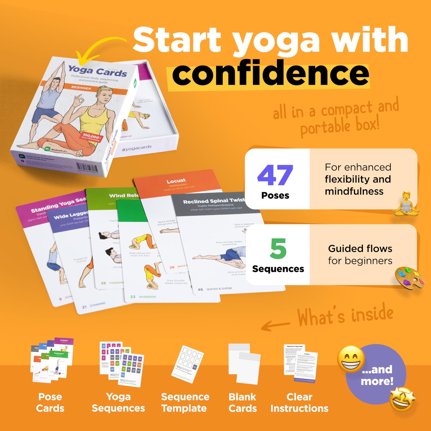 WorkoutLabs Yoga Cards – Beginner: Visual Study, Class Sequencing & Practice Guide with Essential Poses, Breathing Exercises & Meditation · Plastic Flash Cards Deck with Sanskrit