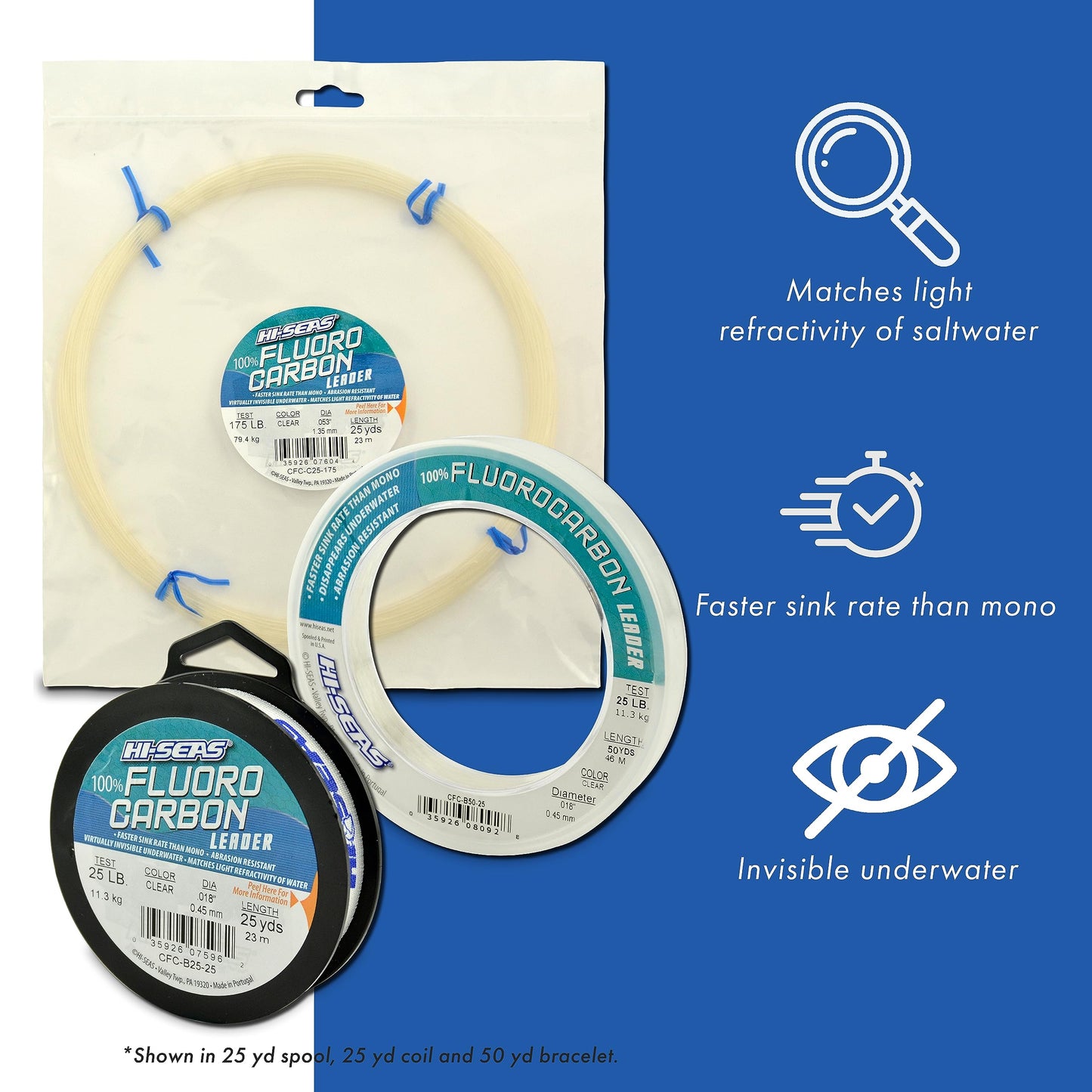 HI-SEAS 100% Fluorocarbon Fishing Leader, 12 lb, Clear, 50 yd