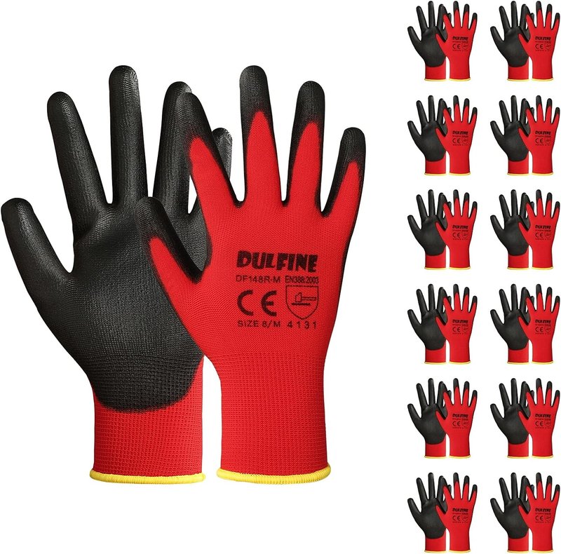 DULFINE Safety Work Gloves - PU Coated Red Seamless Knit with Smooth Grip | Large, 12 Pairs for Men & Women