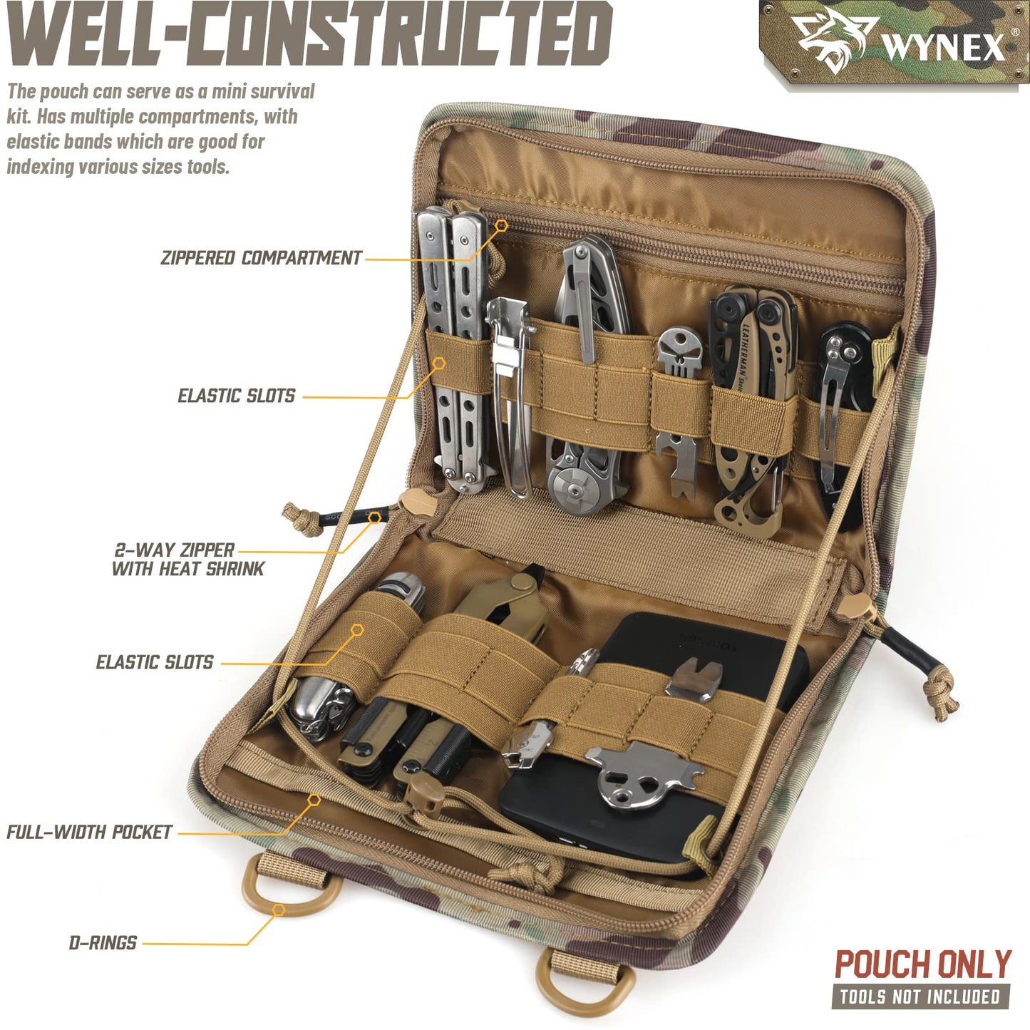 WYNEX Tactical Folding Admin Pouch, Molle Tool Bag of Laser-Cut Design, Utility Organizer EDC Medical Bag Modular Pouches Tactical Attachment Waist Pouch Include U.S Patch (CP Camo)