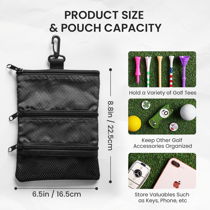 FINGER TEN Golf Pouch Bag for Valuables Tee Color with 4 Golf Pencil Pack, Zippered Pocket Gear Clip Hook to Bag (Black Pouch Bag)