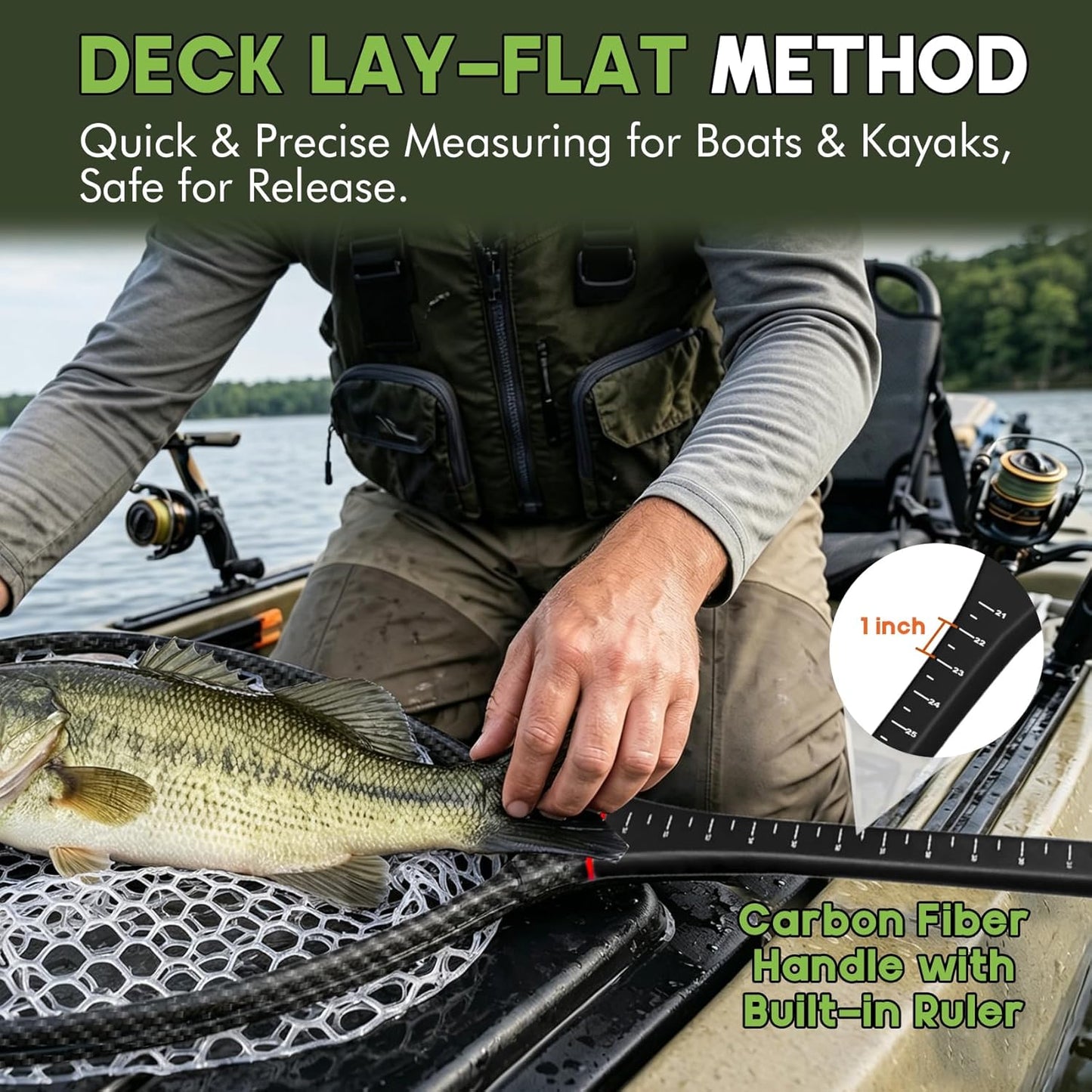 Fly Fishing Landing Net - Carbon Fiber Trout Net with Measurement Handle & Soft Rubber Mesh | 26” Standard / 37” Long