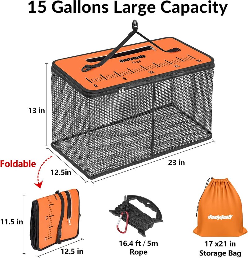 Floating Fish Basket - Portable Collapsible Minnow Bucket for Live Bait | 10/15 Gallon Storage Cage
