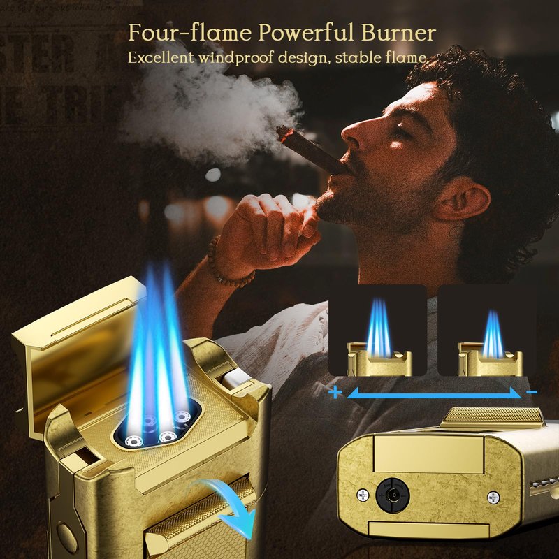 6-in-1 Cigar Torch Lighter, with Straight&V Cigar Cutter, 2 Cigar Punches, Cigar Draw Enhancer, Cigar Holder, Quad Flame Windproof Butane Lighter, Multifunctional Cigar Accessories, Gifts for Men