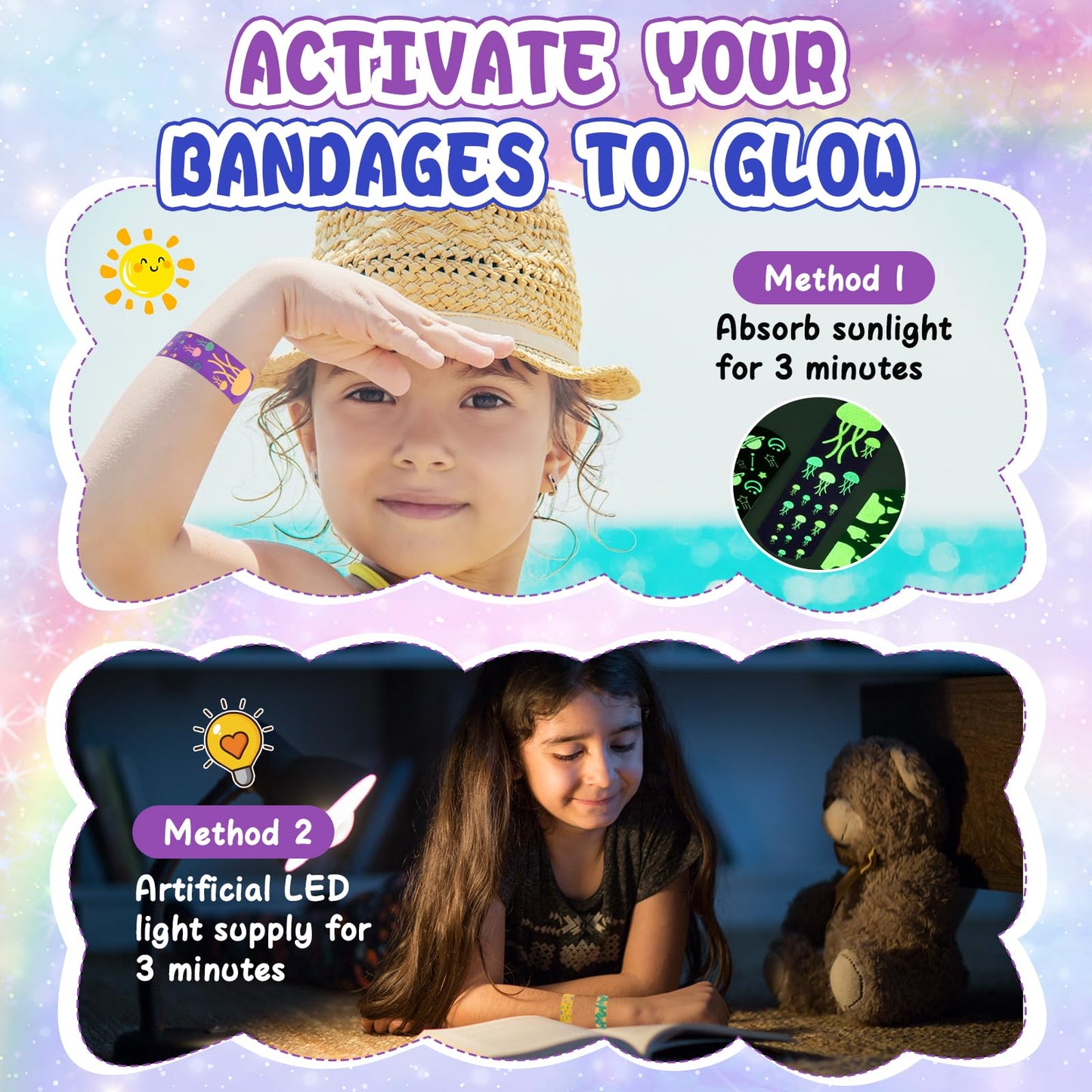 50 Count Kids Bandaids, Glow in The Dark & Waterproof Bandages, One Size Cute Bandaids for Kids and Adults, 5 Styles Adhesive Bandages for Minor Cuts, Scrapes, Wounds and First Aid