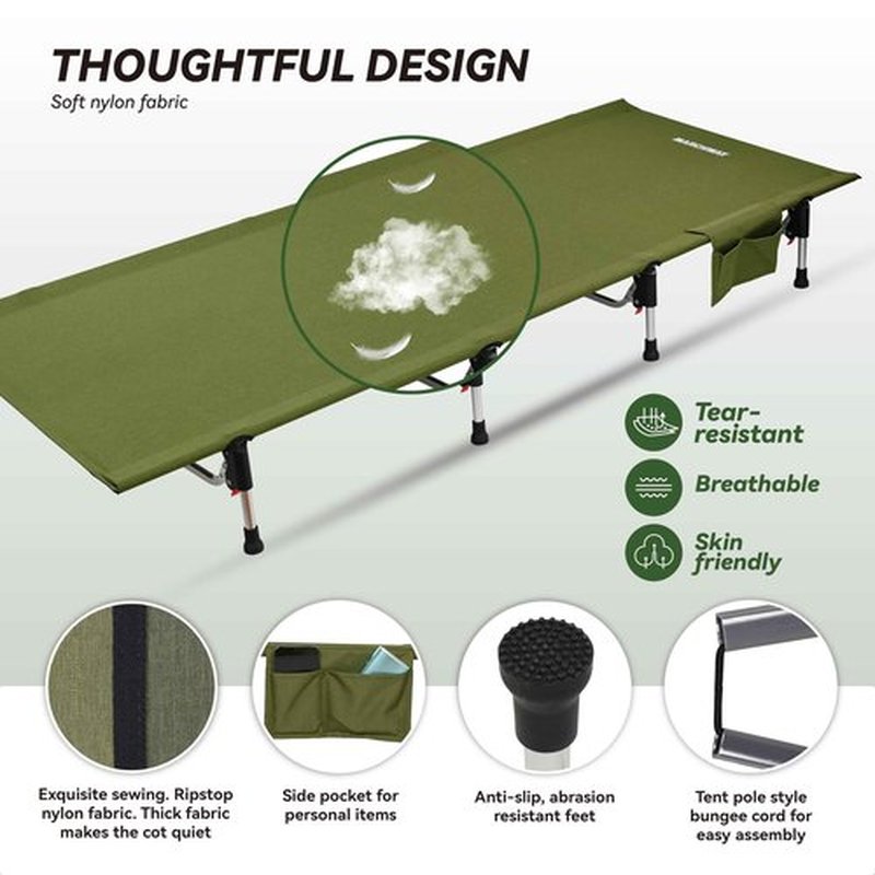 MARCHWAY Lightweight Folding Tent Camping Cot Bed with Lever Lock, Easy Setup Portable Compact for Outdoor Travel, Hunting, Hiking, Motorcycling, Support 330Lbs (Army Green)
