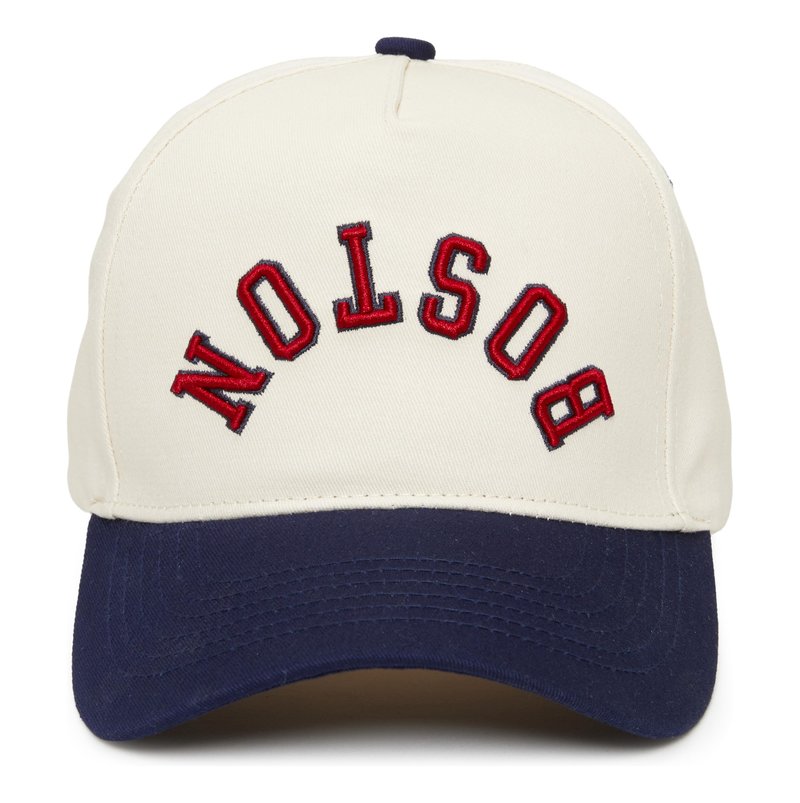 Funky Junque Retro Boston Hat – Baseball Cap with Upside Down City Arched Embroidery – Unisex Adjustable Snapback for Game Day, Streetwear – Boston (Navy/Beige)