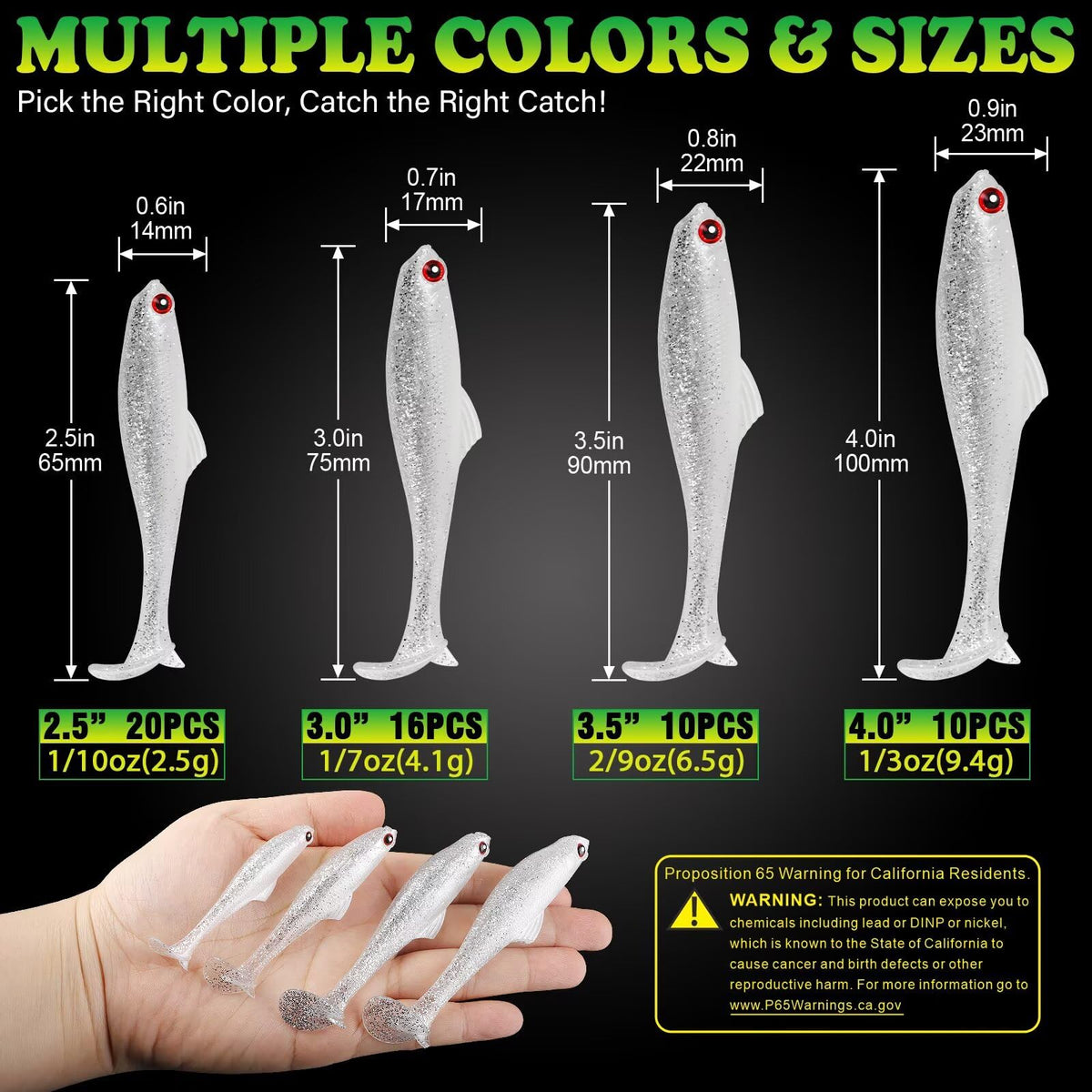 LUCKYFISHING Paddle Tail Swimbaits Soft Plastic Swimbaits Soft Baits for Bass Fishing Trout Crappie Walleye Freshwater Saltwater Soft Plastic Baits White-3.5 inch-10pcs