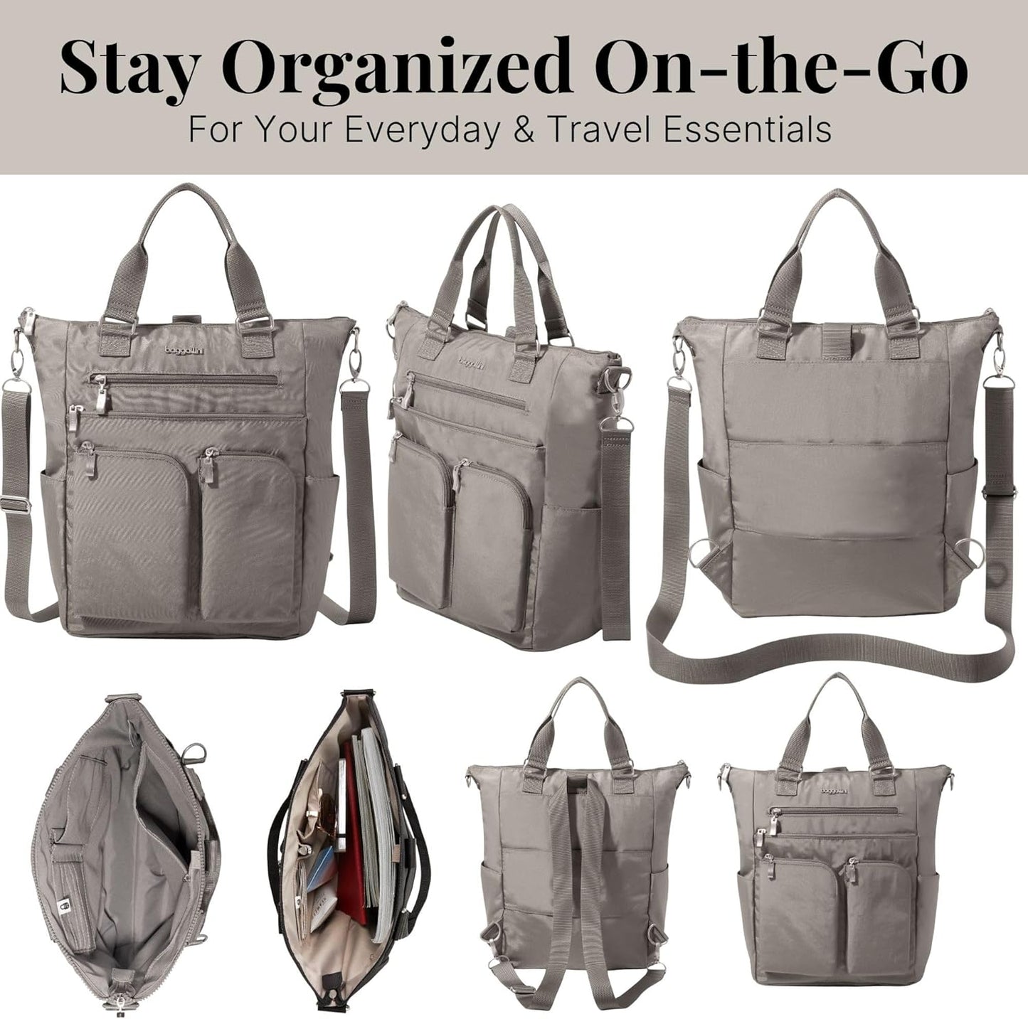 Baggallini Tote Backpack - 3-in-1 Lightweight Travel Bag with RFID Phone Wristlet | 15"x10.5"
