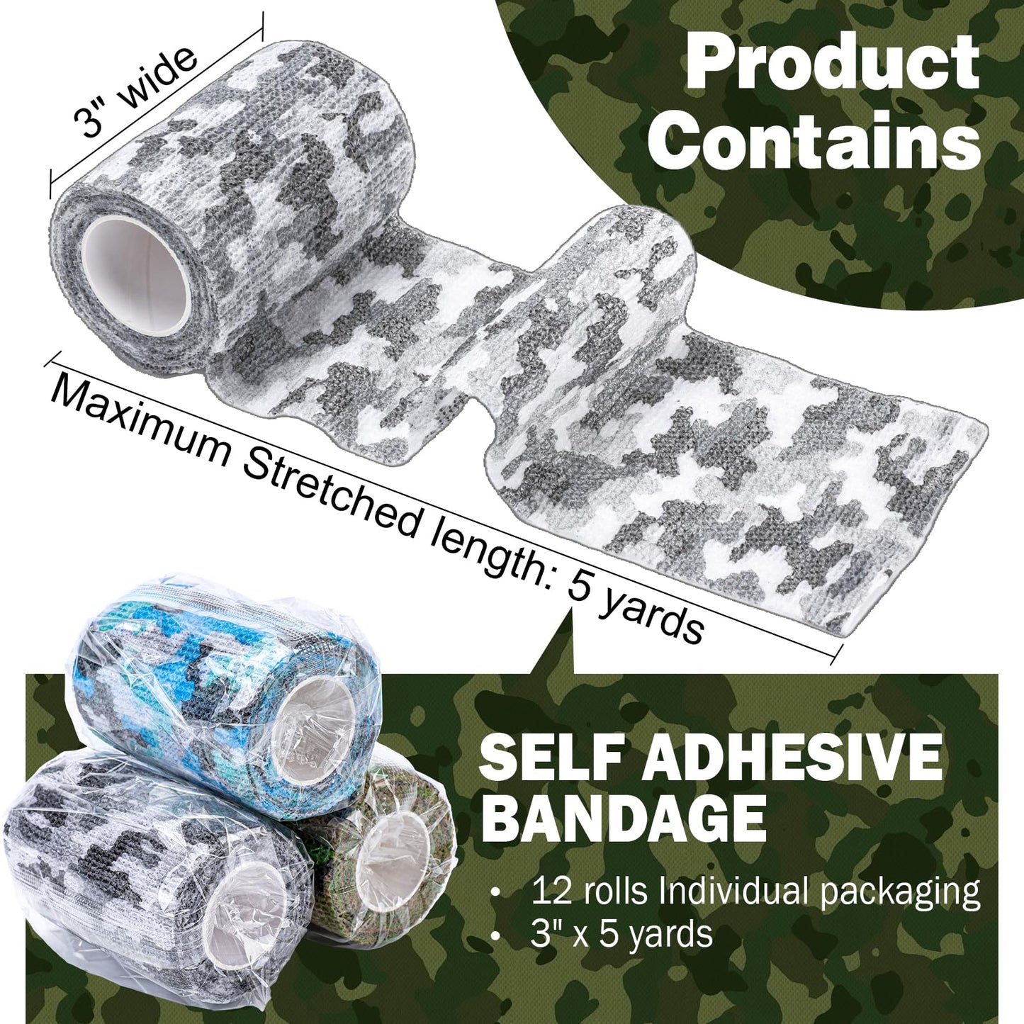 AZEN 12 Pack Camo Self Adhesive Bandage Wrap, 3" X 5 Yards Elastic Cohesive Bandage Wrap, Athletic Tape, Tattoo Tape Wrap, Vet Wrap, Ankle Tape (Camo)