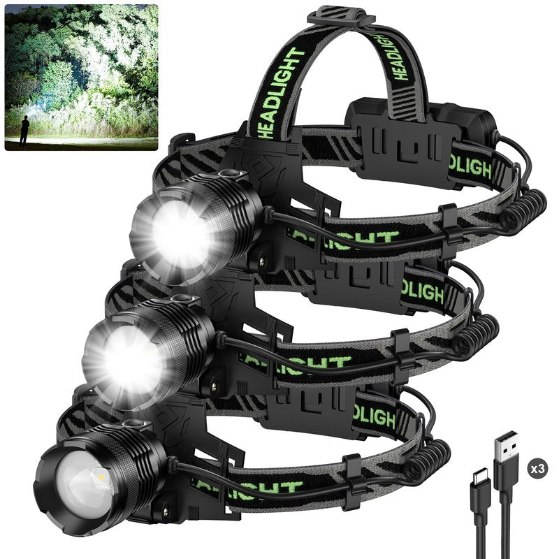 Kungf 3Pack Rechargeable Headlamp Super Bright, 99000 Lumens LED Head Lamp with 3 Modes, 90°Angle & Adjustable Focus Head Lights for Forehead, IPX6 Waterproof HeadLamps for Adults Camping Hiking