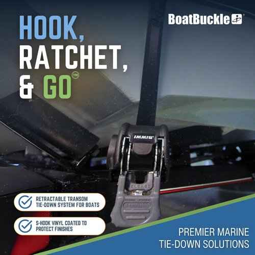 BoatBuckle Mini G3 Retractable Ratchet Straps - (1 x 72-Inch, 1400lbs Break Strength, 2-Pack) Bolt-On Boat Transom Tie Down Straps to Trailer, Fresh Water