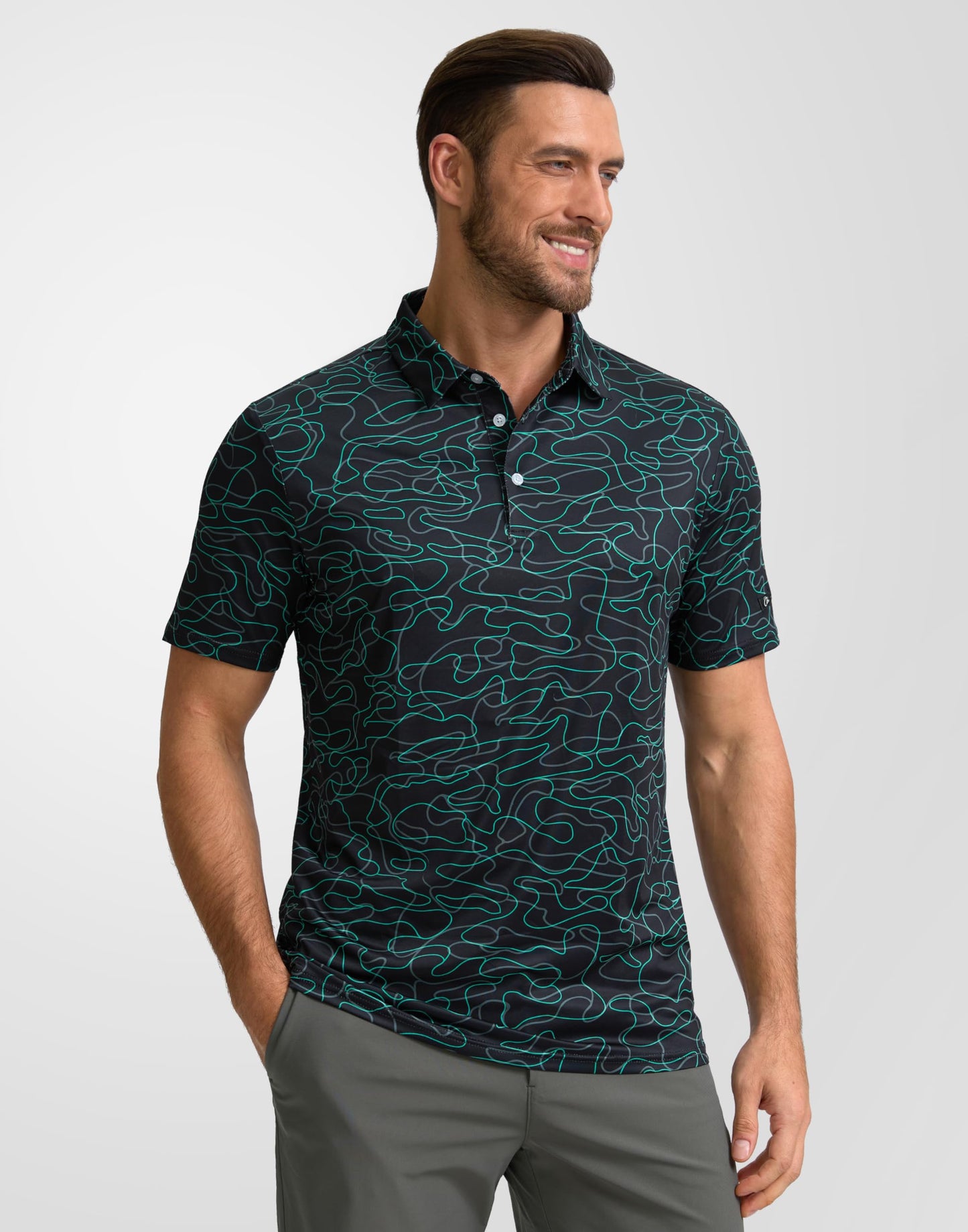 Obla Mens Golf Polo Shirts Short Sleeve Dry Fit Performance Moisture Wicking Casual Print Collared Golf Shirts for Men(Black Curve_4XL)