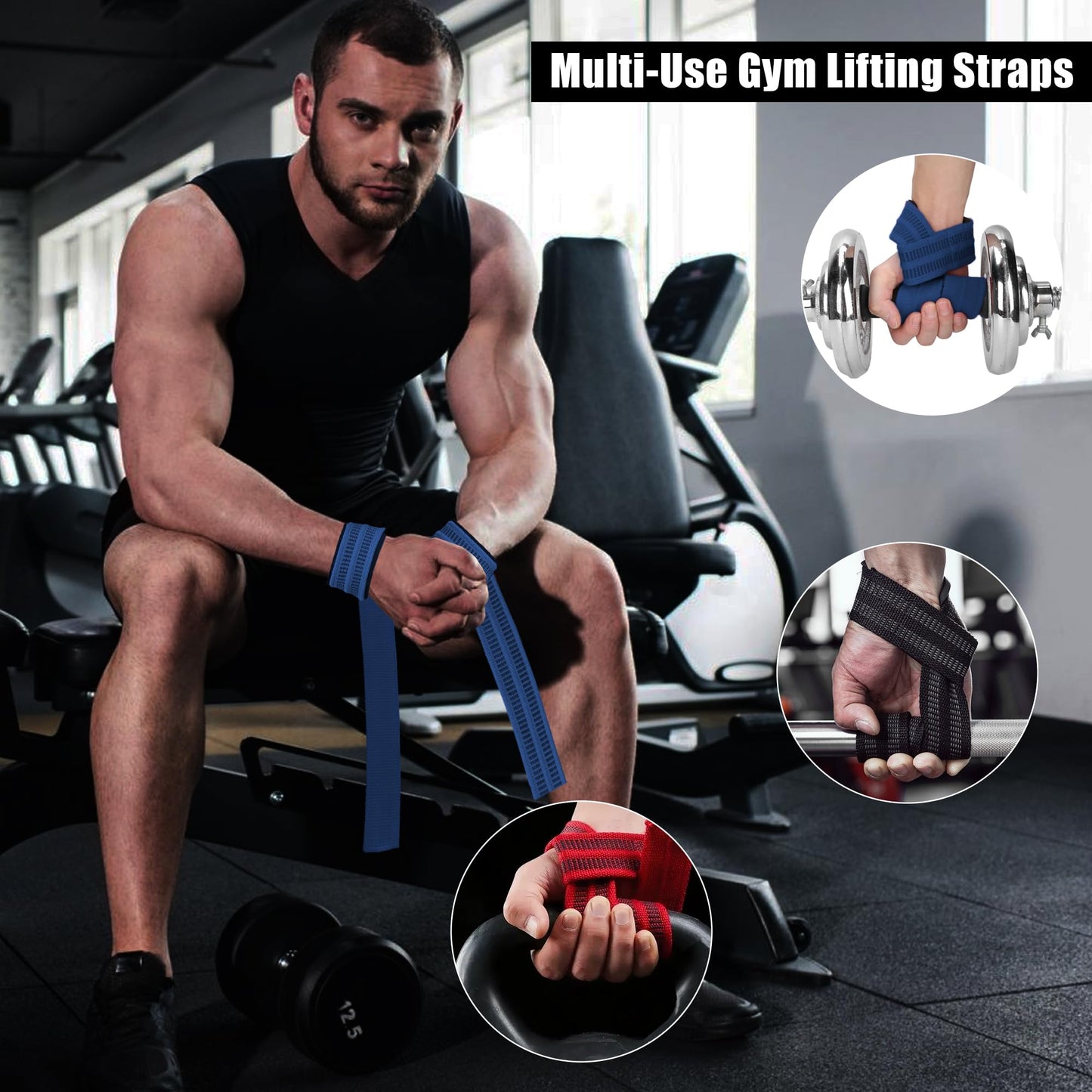 4 Pack Lifting Wrist Straps for Weightlifting, Lifting Straps for Gym Strength Training,Deadlifts,Workout, Men & Women Neoprene-padded Wrist Cushion Cotton Lift Straps with Anti-Skid Silicone -Blue