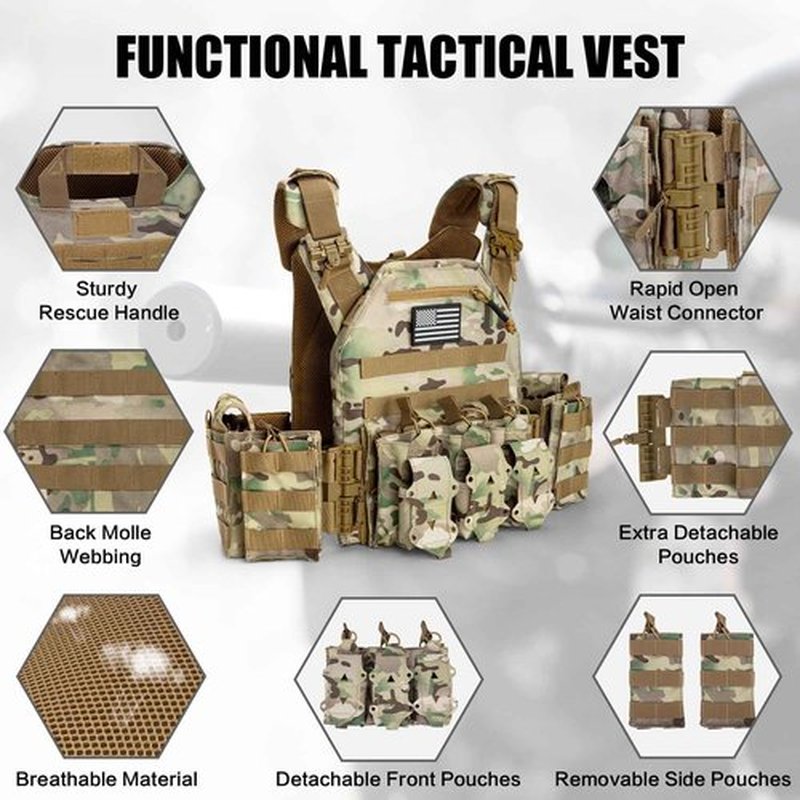 Jueachy Tactical Vest for Men Quick Release: Lightweight Molle Vest Adjustable Breathable Weighted Vest Camo