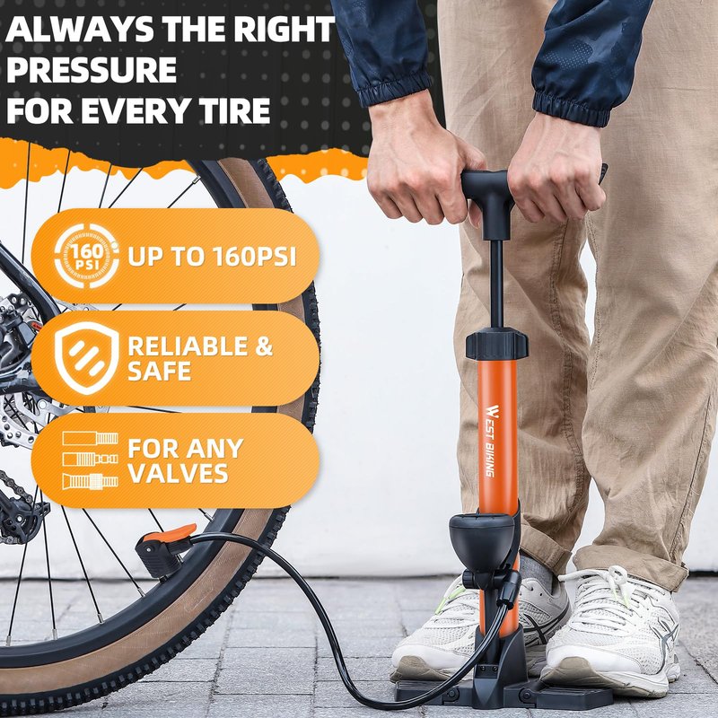 Bike Floor Pump, Bikes Pump with Gauge,Bicycle Air Pump with High Pressure 160 Psi, Bike Tire Pumps with Presta Schrader Valves, Bicycle Air Pump with Gauge, Fits Road Bikes MTB E-Bike, Ball (Orange)