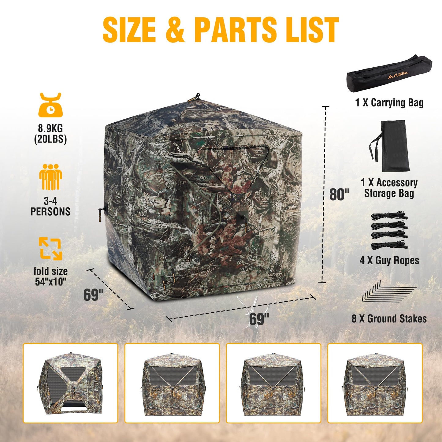 FLISSA 270 Degree Pop Up See Through Hunting Blind，3-4 Person Ground Blind