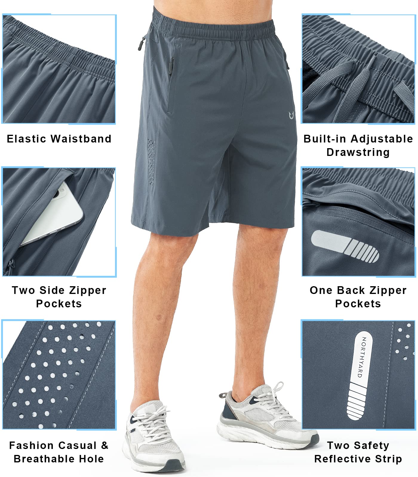 NORTHYARD Men's Athletic Running Shorts Gym Workout 7"/9"/5" Quick Dry Lightweight Sports Basketball Tennis 3 Zipper Pockets COOLGREY-9inch XL