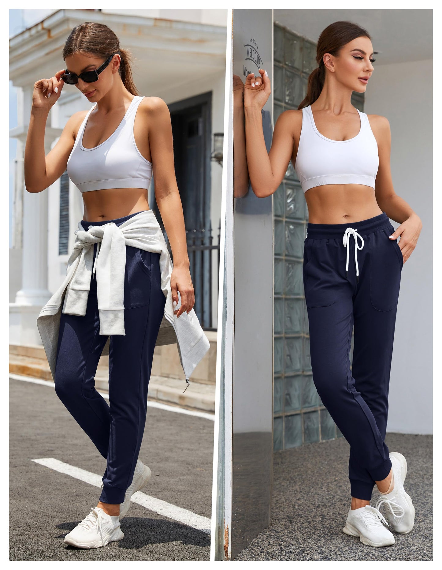SPECIALMAGIC Women's Tapered Sweatpants with Pockets Athletic Cotton Joggers Drawstring Casual Sweat Pants for Female Long Navy L