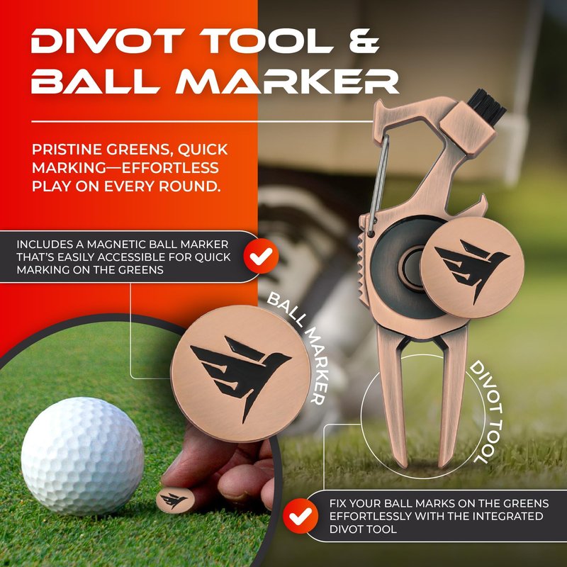 SWIFTEE Golf Divot Pitch Mark Repair Tool 7-in-1 - Club Holder, Brush, Clip Buckle, Groove Cleaner, Bottle Opener, Ball Marker, Divot Tool - Gift Box Included (Matte Black)