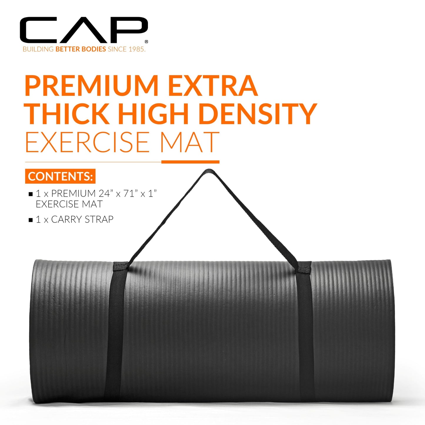 CAP Barbell Yoga Mat 1" Thick with Carrying Strap - High Density Exercise Mat for Yoga, Pilates, Stretching, Floor & Fitness Workouts - 74''x24''x1 | Black
