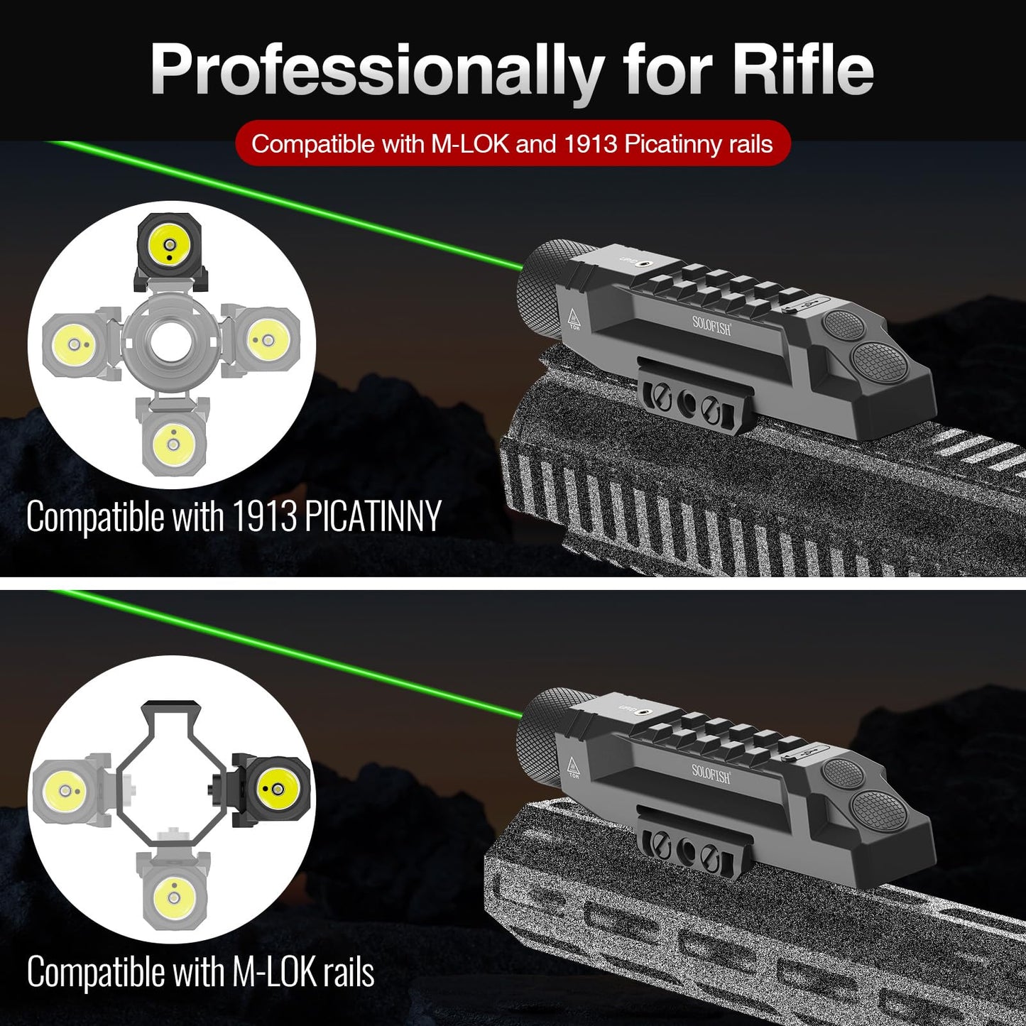 Solofish 1750 Lumens Green Laser Light Combo is Compatible with Picatinny/Mlok Rail for Rifle, Rechargeable Weapon Flashlight with Strobe/Momentary, with Power Level Indicator