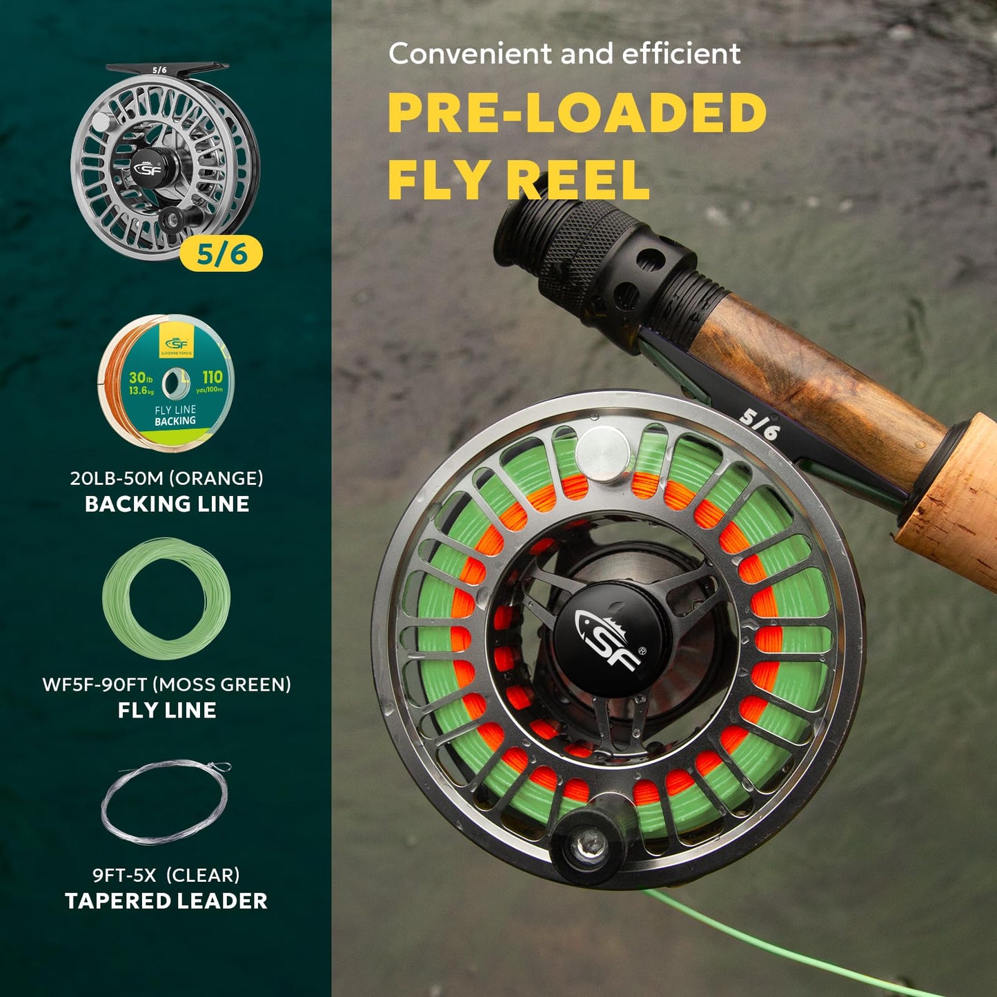 SF SF-003 Pro Fly Fishing Reel for Freshwater - CNC Machined, Mid Arbor Design, Smooth Drag System, Lightweight Aluminum Body - 5/6wt, Gunmetal Gray & Black,Pre-Loaded Fluorescent Yellow Fly Line Kit