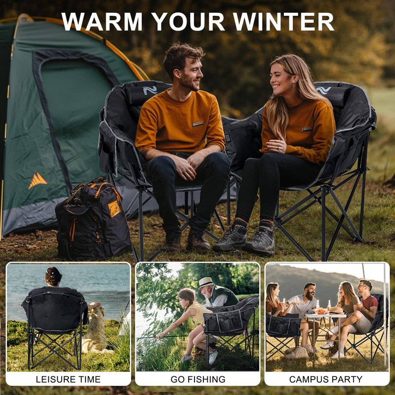 ABORON Oversized Heated Camping Chair, Padded Outdoor Folding Heated Chair with Side Pocket, Heavy Duty Seat for Winter Sports, Patio, Tailgating