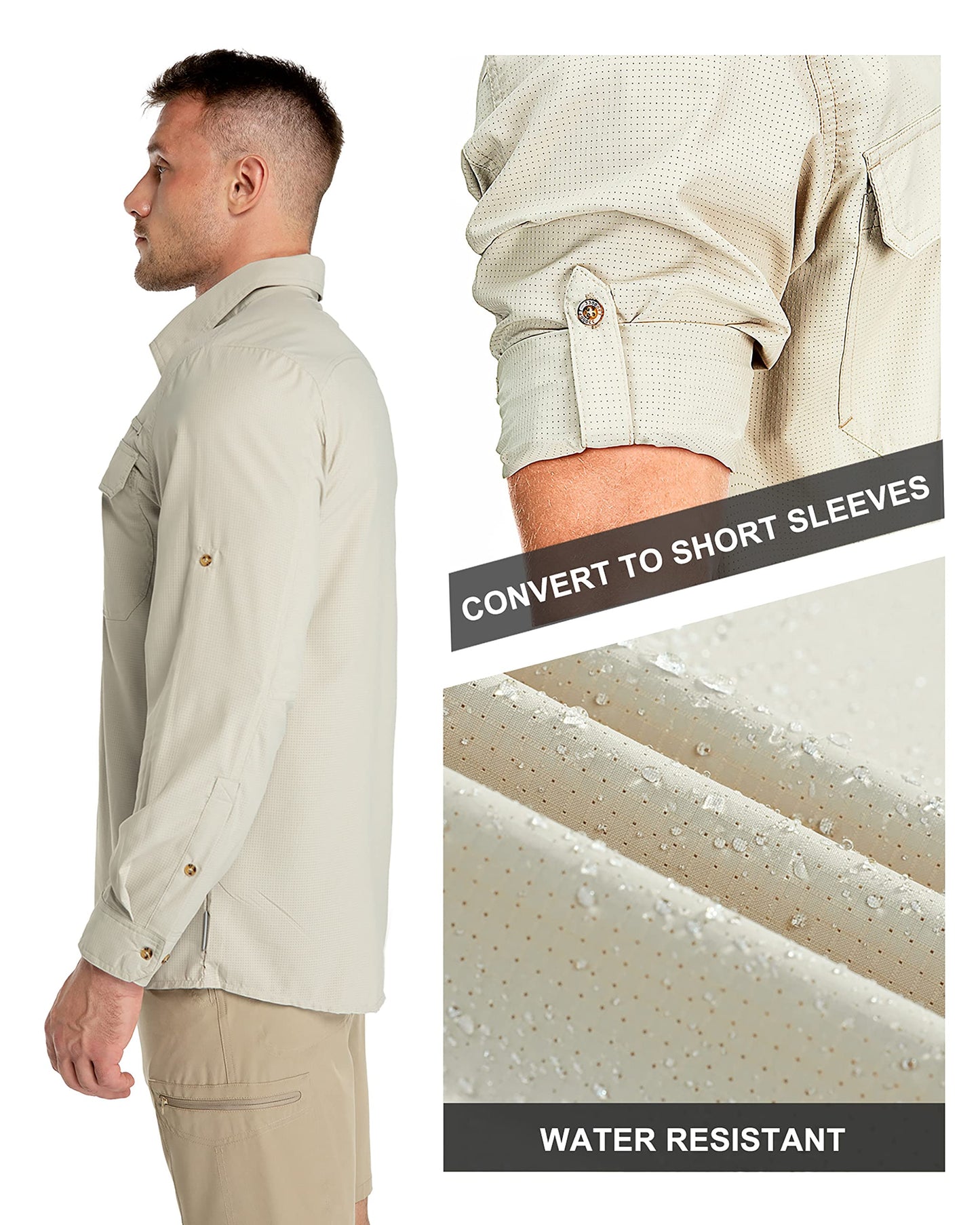 33,000ft Men's Long Sleeve Sun Protection Shirt UPF 50+ UV Quick Dry Cooling Fishing Shirts for Travel Safari Camping Hiking Khaki