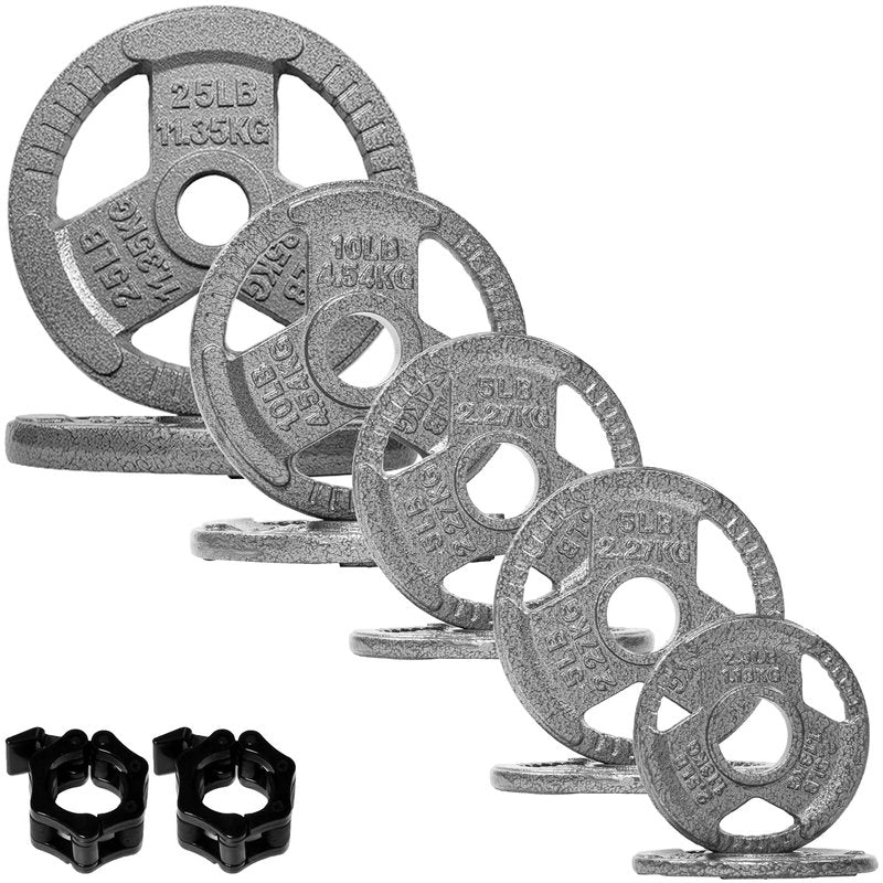 Fitvids Cast Iron 2-Inch Weight Plates for Strength Training and Weightlifting, Set (95 LB: 2.5/5/5/10/25 LB Pairs) with Clamps