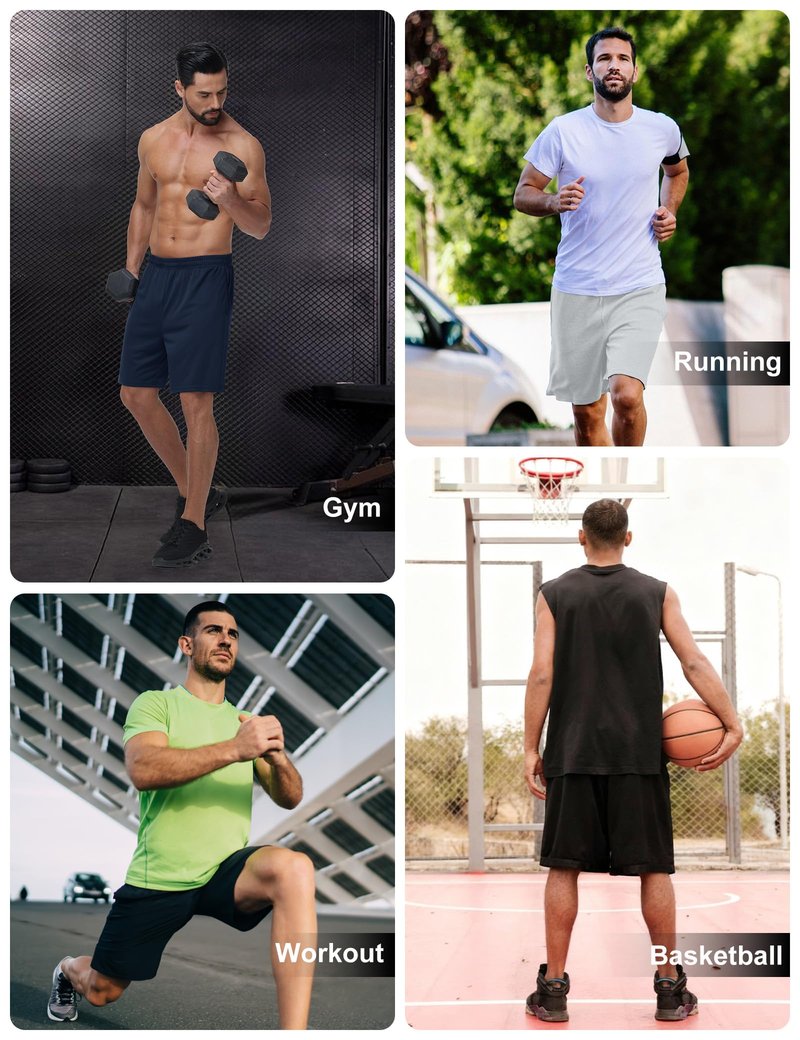 HOPLYNN 5 Pack Mens 7'' Gym Athletic Shorts with Pockets,Mesh Basketball Quick Dry Workout Shorts for Running Activewear 2 Black 2 Grey 1 Blue Large