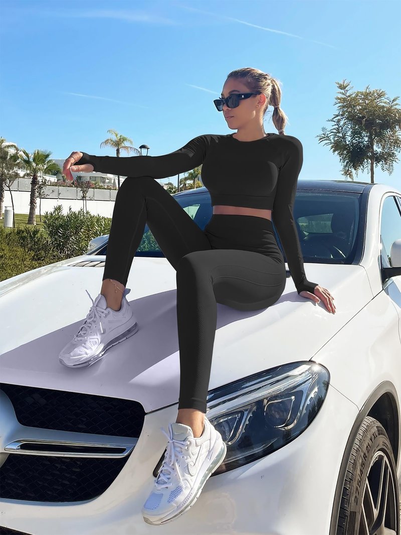 YOAKUKA 2 Piece Workout Legging Sets for Women Yoga Gym Outfit Seamless Long Sleeve Athletic Active Wear Tummy Control
