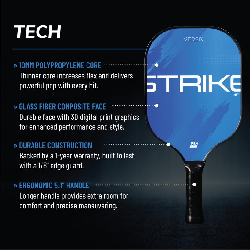 Versix Strike 4F Pickleball Paddle - Lightweight 7.1-7.5 oz, 10mm Polypropylene Core, Glass Fiber Face, 5.1" Handle, Beginner & Intermediate, Blue