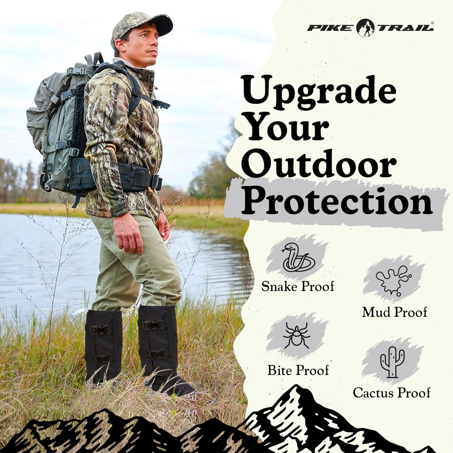 Pike Trail Snake Gaiters Leg Guards - Waterproof, Durable - Adjustable Size for Men & Women - Protection from Snake Bites - Hiking Essentials Ideal for Trekking, Hunting & Fishing - Black - 1 Pair