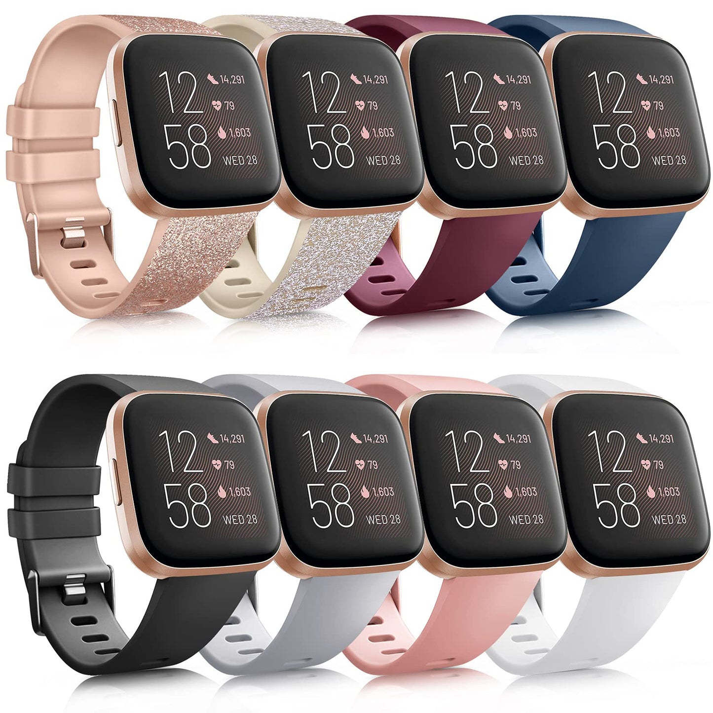 8 Pack Sport Bands Compatible with Fitbit Versa 2, Classic Soft Silicone Replacement Wristbands Straps for Fitbit Versa 2 Smart Watch Women Men (8 Pack A, Small)